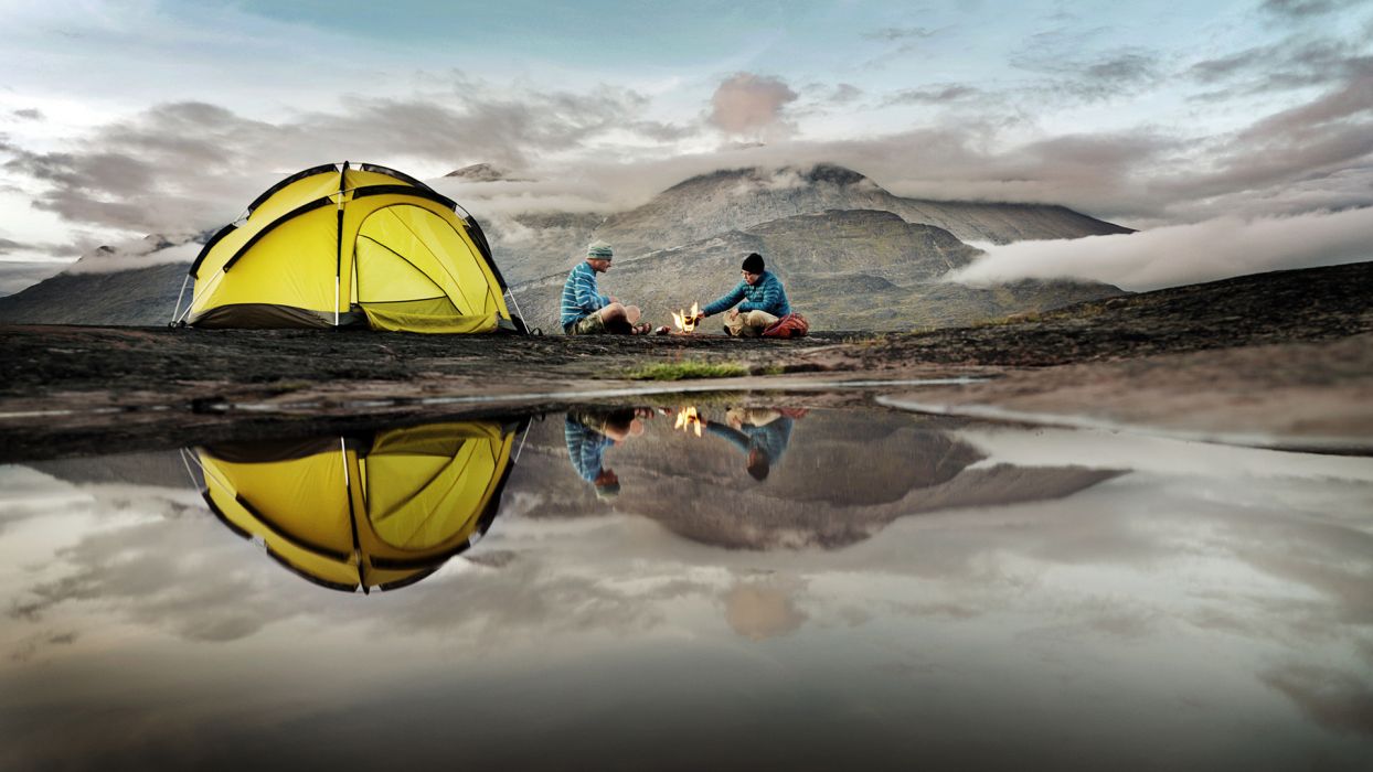 Tent Reflection Camp Camping Sports Lakes Water Mountains People
