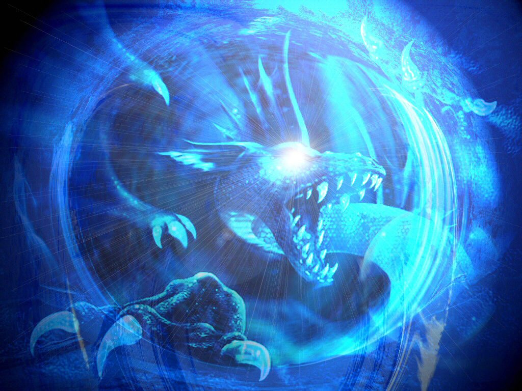 A fierce blue dragon, surrounded by an ethereal blue glow, dominates this digital wallpaper. Its sharp teeth and claws are prominent, suggesting power and a fantastical aura