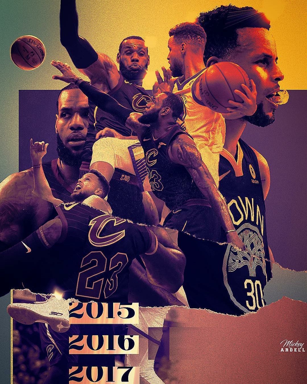A dynamic collage featuring Lebron James and Stephen Curry, highlighting their rivalry during the 2015-2017 NBA seasons