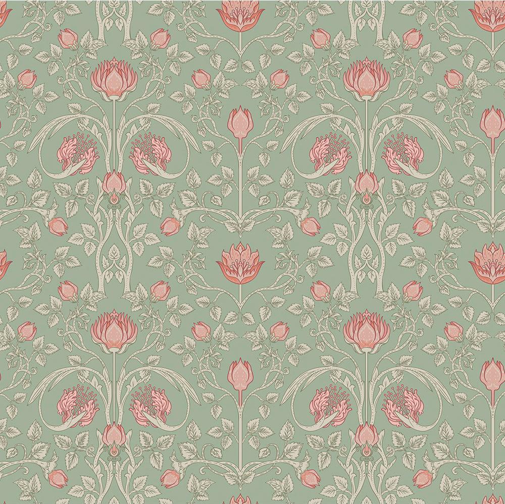 Sample Tulip Garden wallpaper in Blushing Peach on Green Tea