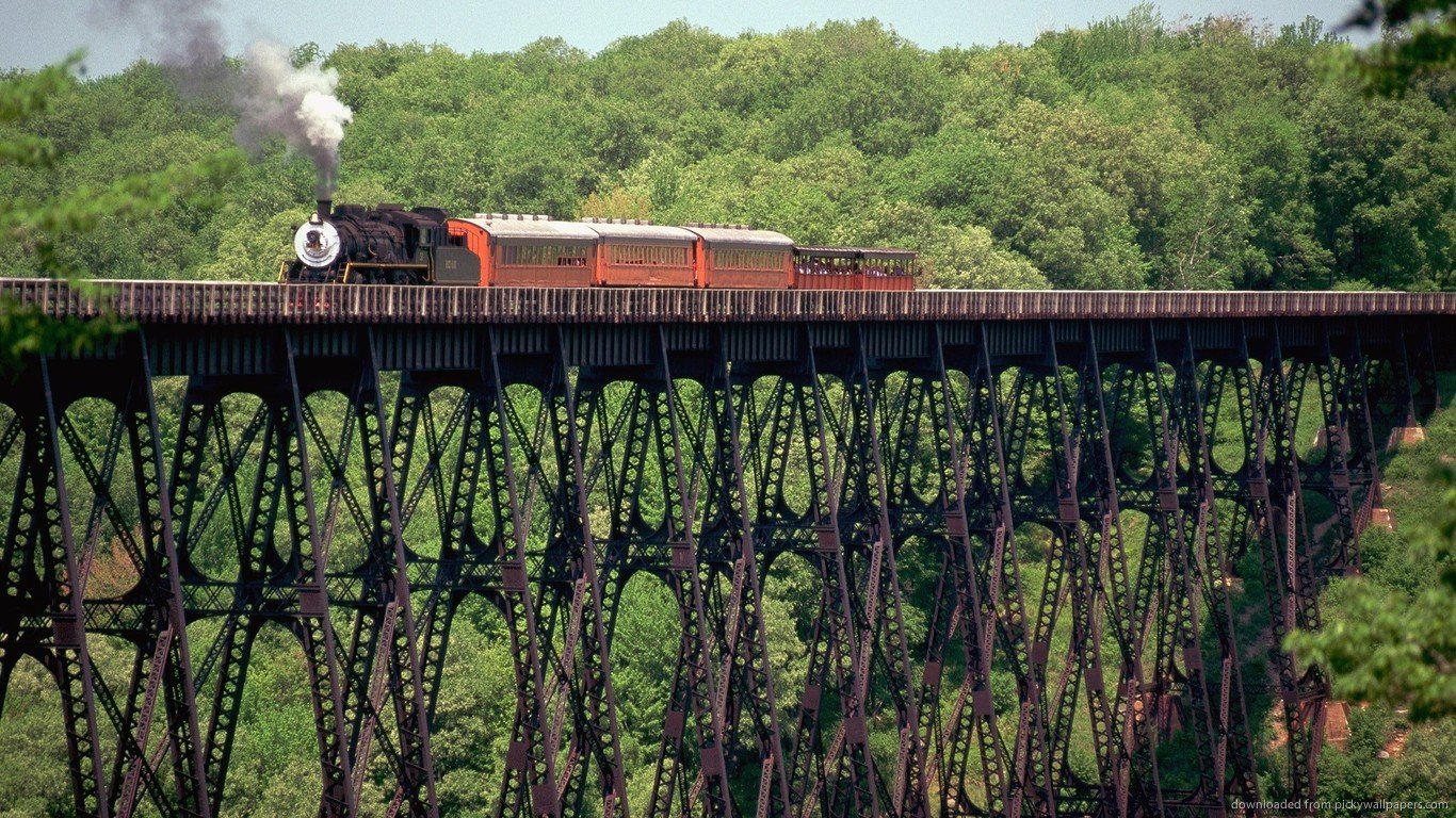 Download 1366x768 Old Train On An Old Bridge Wallpaper
