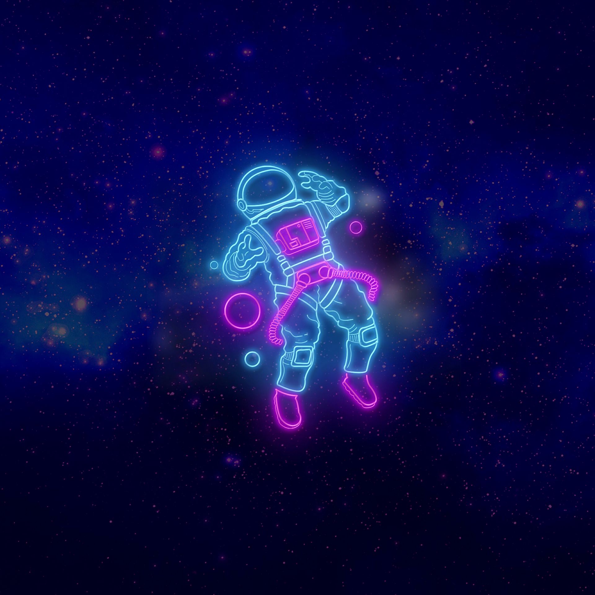 A neon astronaut floats in space, surrounded by stars. This wallpaper is perfect for boys who love space and cool designs