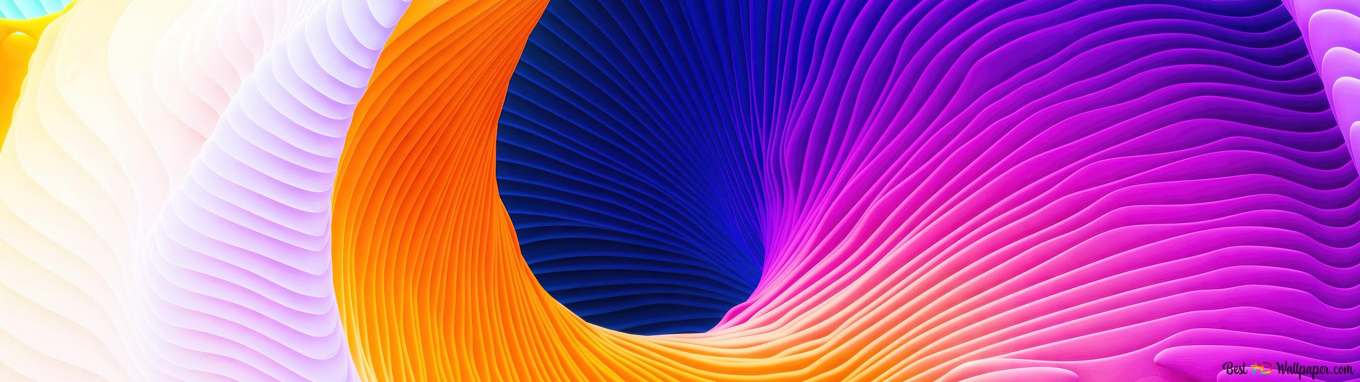 Abstract swirling design in vibrant hues of orange, purple, and blue, reminiscent of a MacBook Pro wallpaper