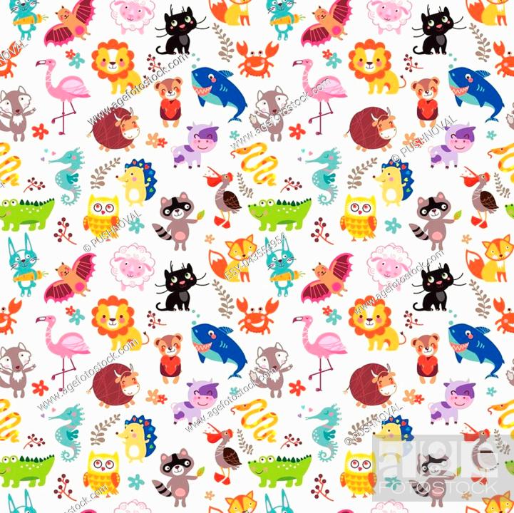 Vector Seamless Pattern With Cute Animals Hand Drawn Outline