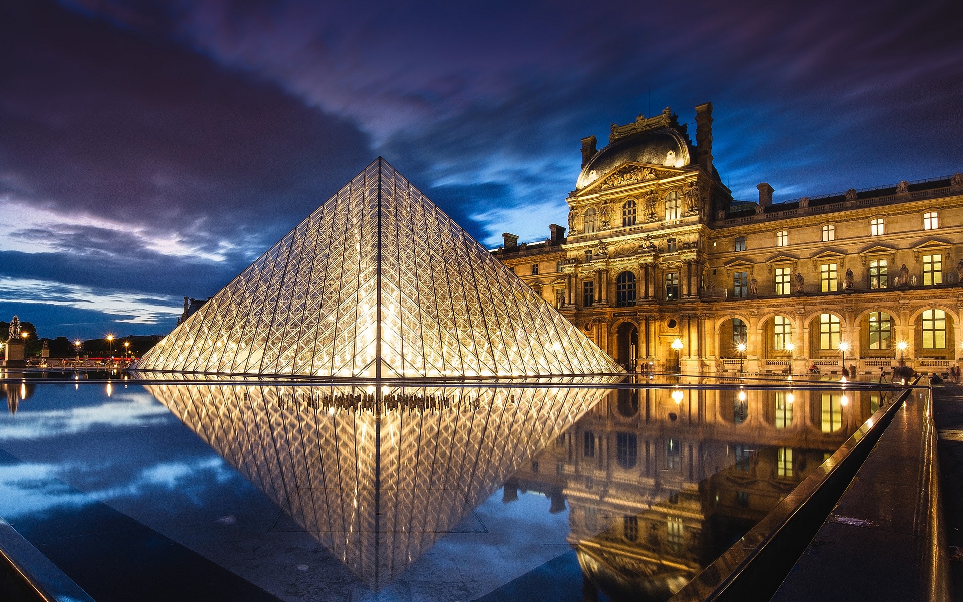 France Paris Louvre Museum Architecture Pyramid Night Water Lights