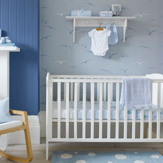 Child S Nursery With Seagull Patterned Wallpaper Boys Bedroom Ideas