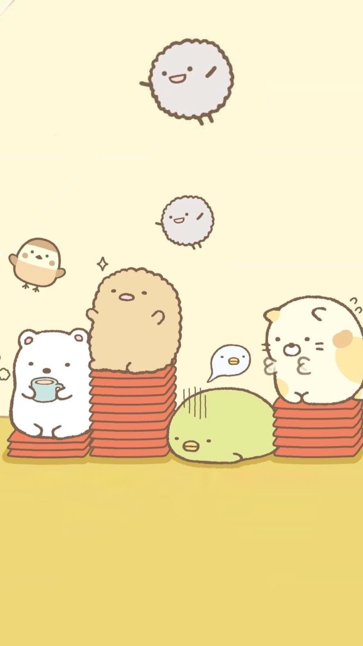 Adorable illustration of Sumikko Gurashi characters in pastel colors