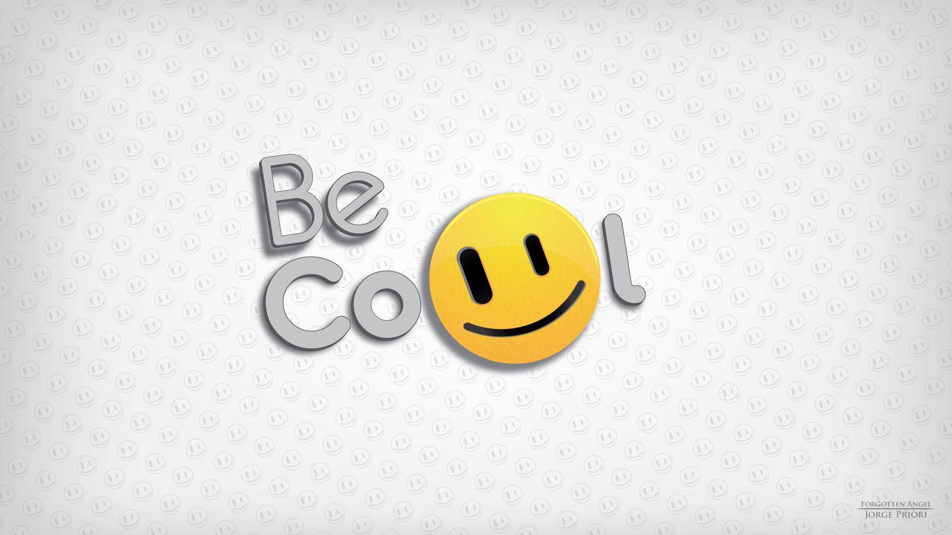 A cool yellow smiley face on a background of faded smiley faces with the words 'Be Cool' in 3D letters