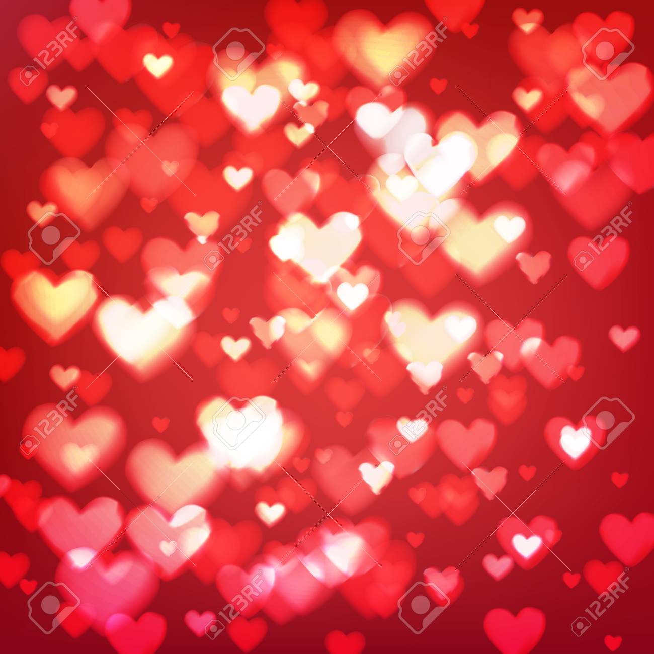 Abstract Romantic Red Background With Hearts And Bokeh Lights