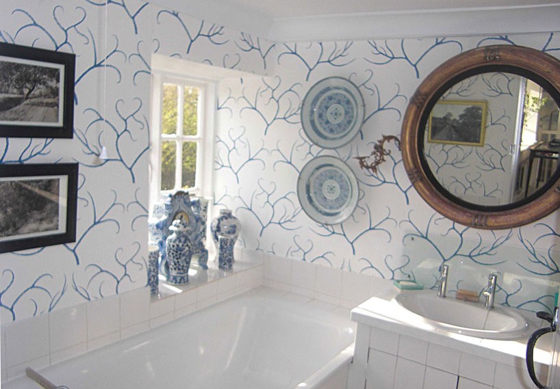 All White Bathroom Wallpaper Sea Antler Blue