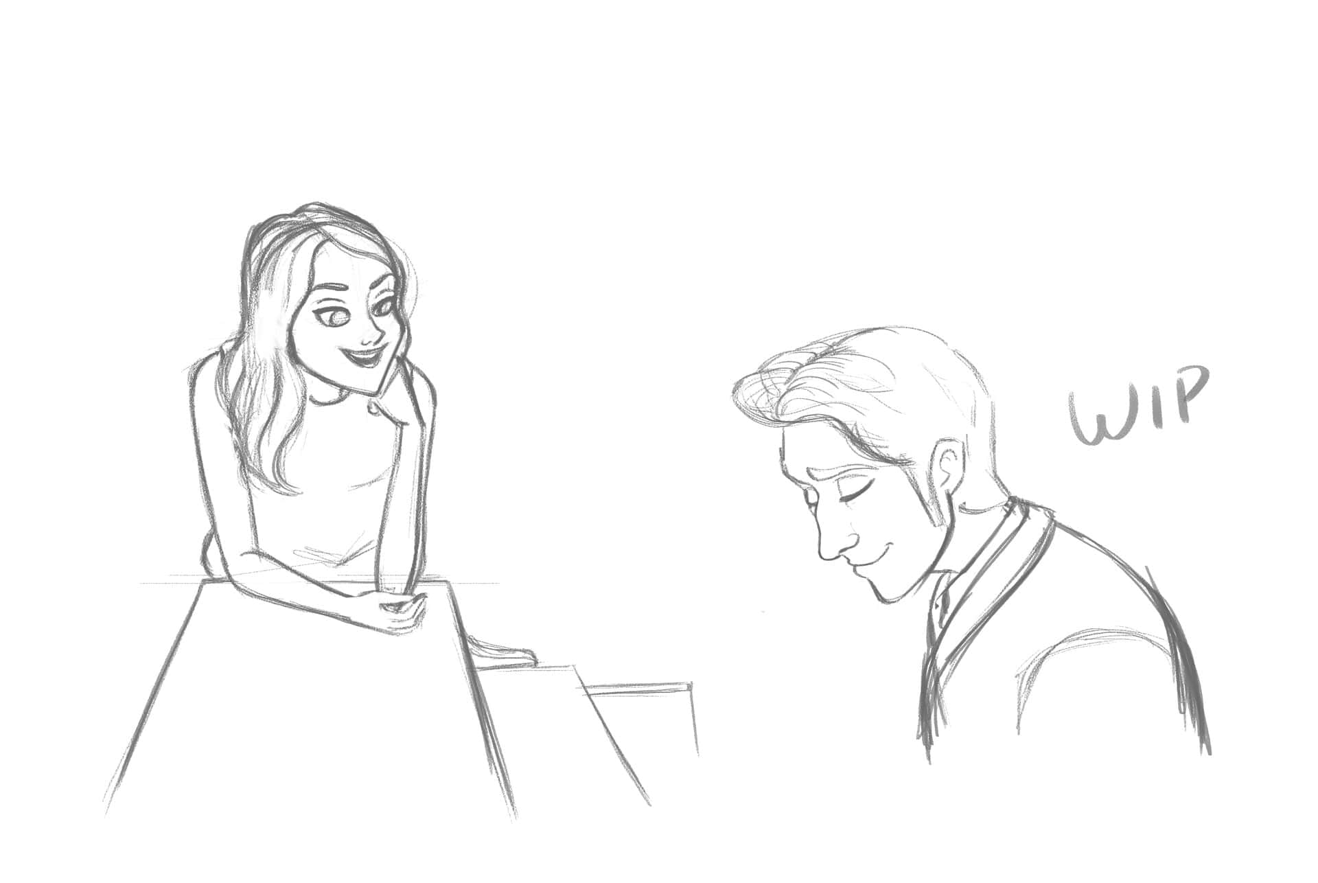 A sketch of two characters, a woman sitting at a table and a man looking down, likely a work in progress (WIP)