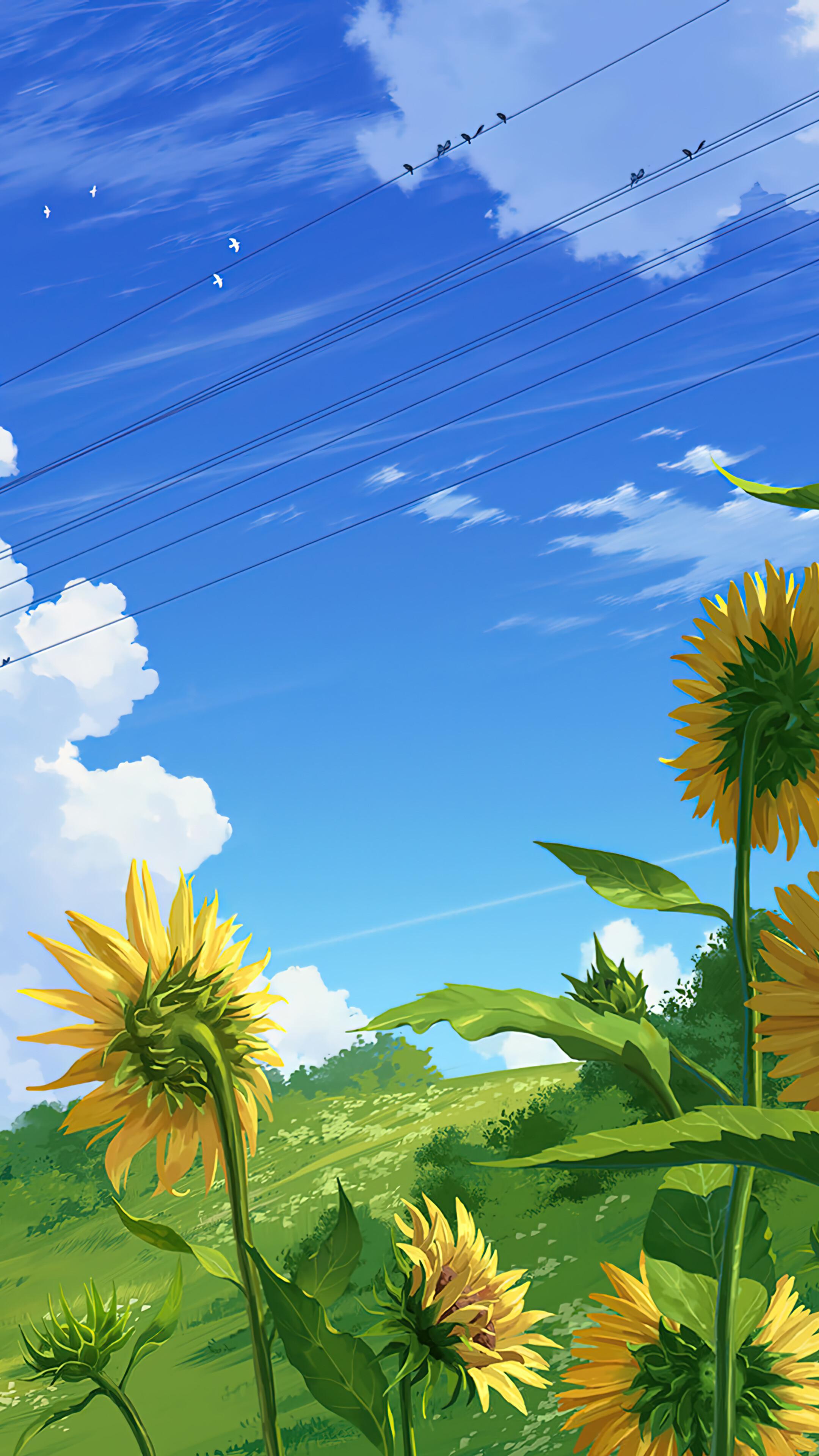 Summer Day Sunflower Anime Scenery 4K Wallpaper iPhone HD Phone 2390f