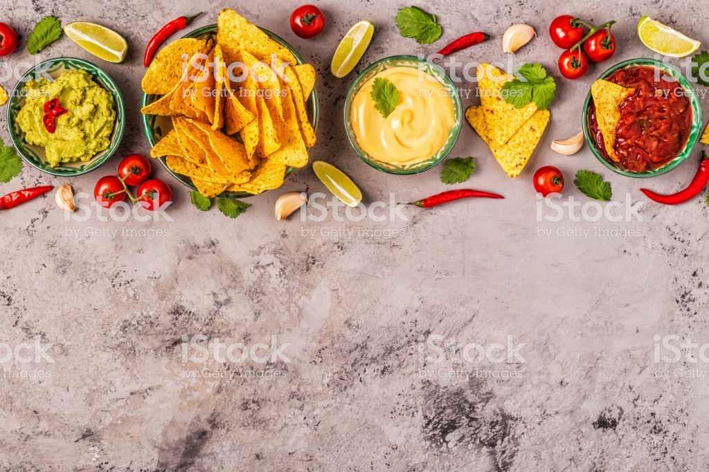Mexican Food Background Guacamole Salsa Cheesy Sauces With Nachos