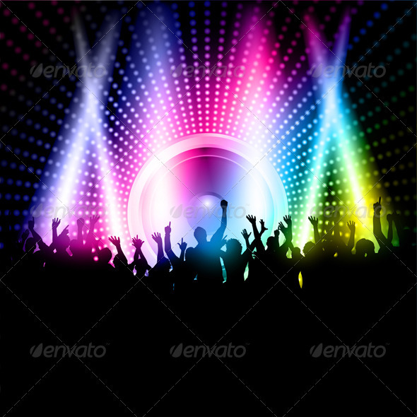 Silhouette Of An Excited Party Crowd On A Music Speaker Background