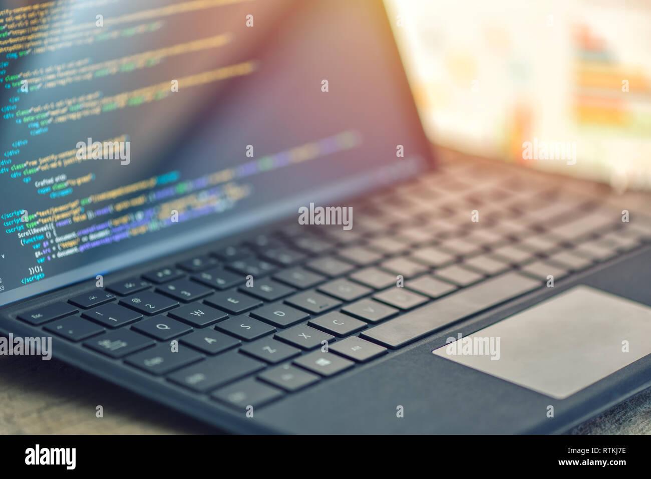 Closeup coding programming on laptop screen web development