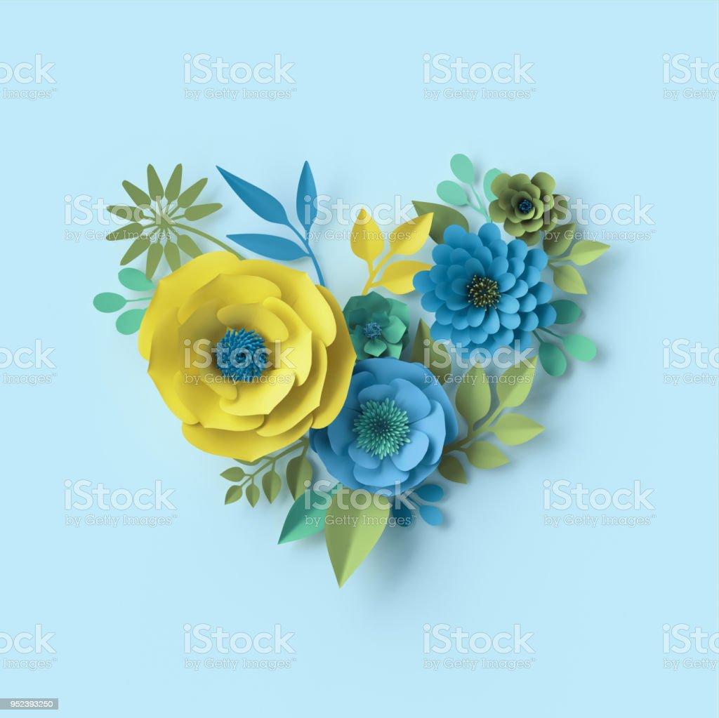 3d Render Paper Flowers Botanical Wallpaper Isolated Floral Heart