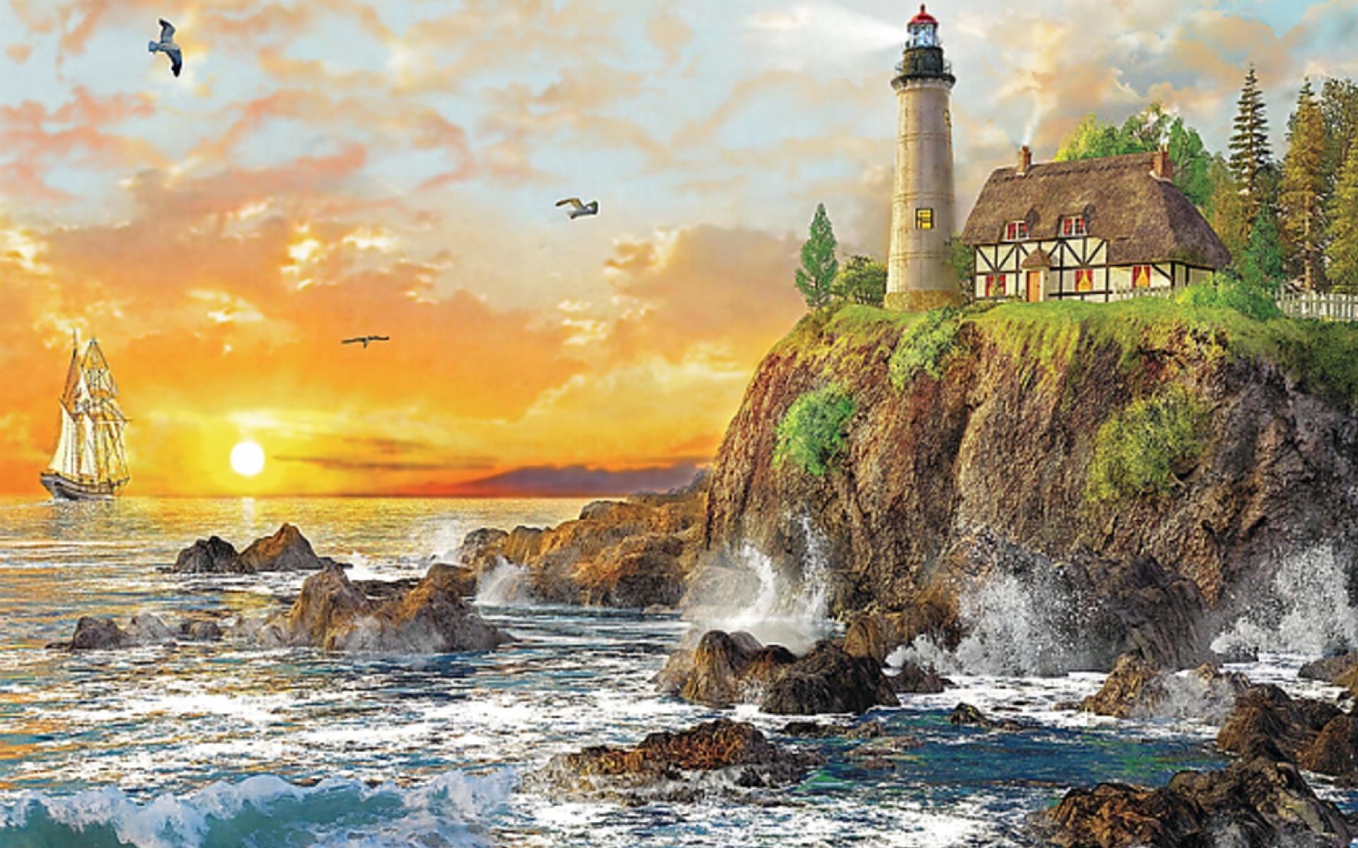 Ocean Cliff Light House Sunset wallpapers Ocean Cliff Light House 1920x1200