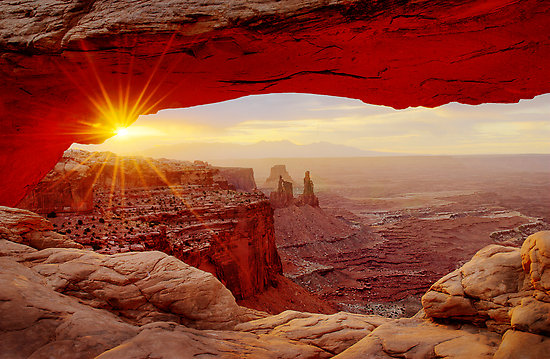 Mesa Arch Glows Red At Sunrise In Canyonlands National Park Utah