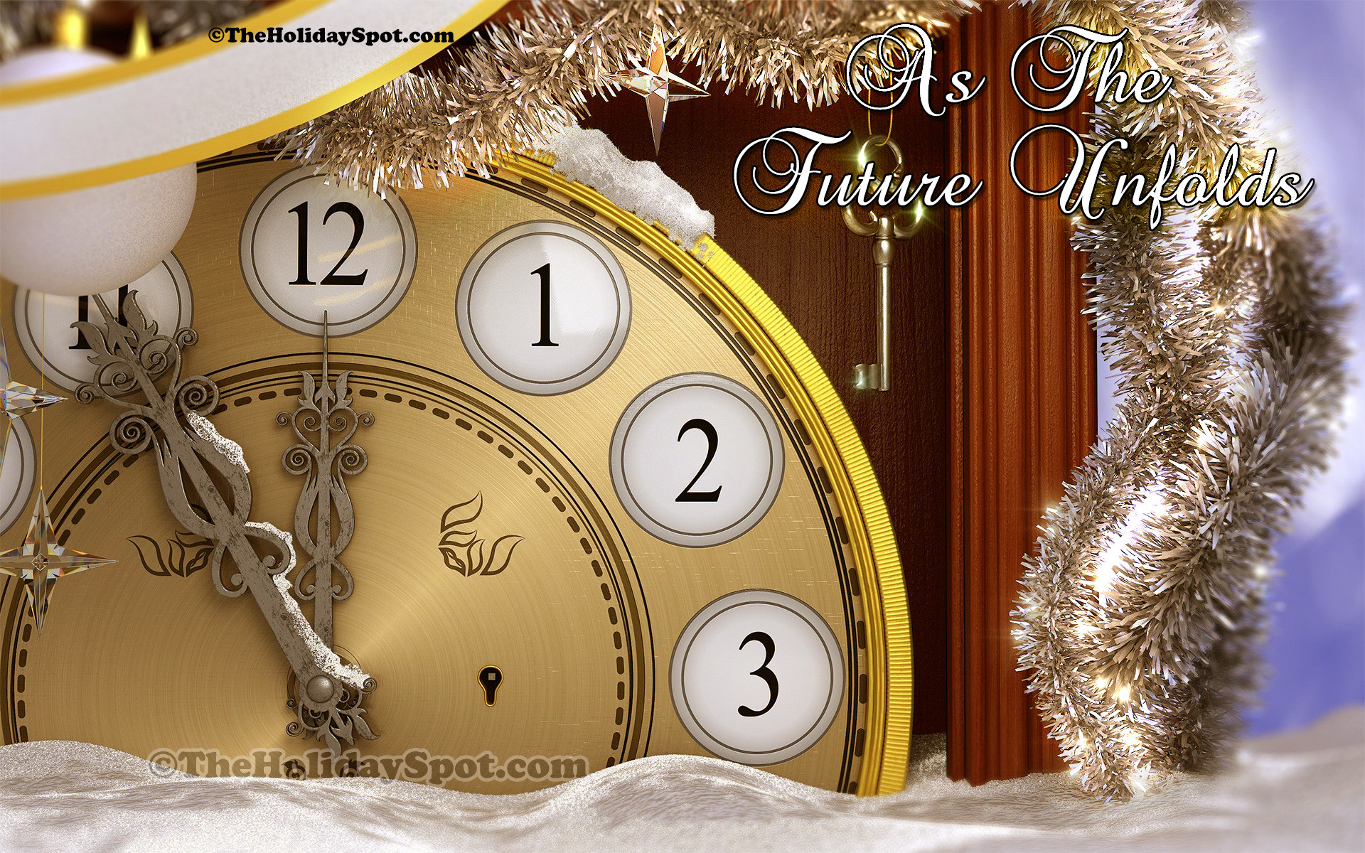 A golden clock face dusted with snow, about to strike midnight, with tinsel and ornaments surrounding it against a gradient blue background. Text overlay reads 'As The Future Unfolds'