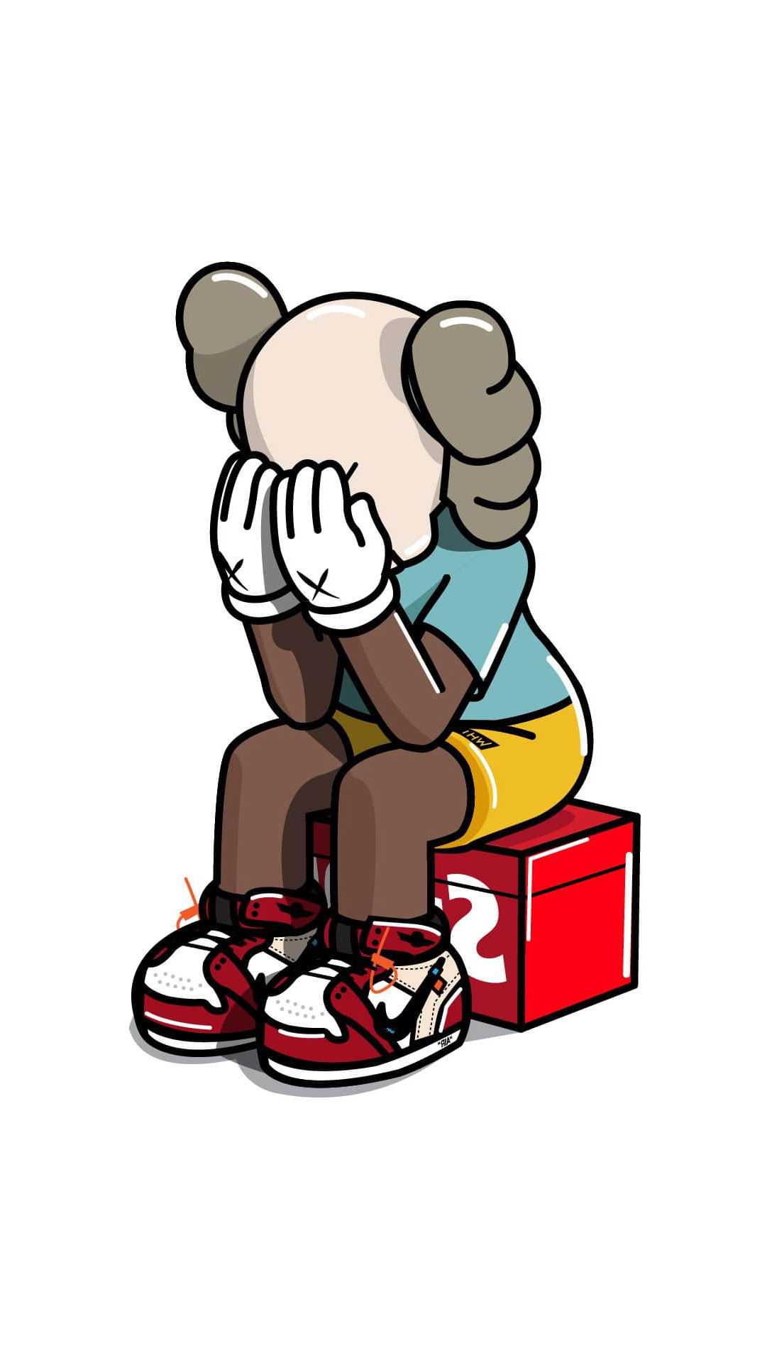 A cartoon figure, reminiscent of Kaws' Companion, sits dejectedly on a red box, covering its face with gloved hands. The figure wears sneakers resembling the Air Jordan 1