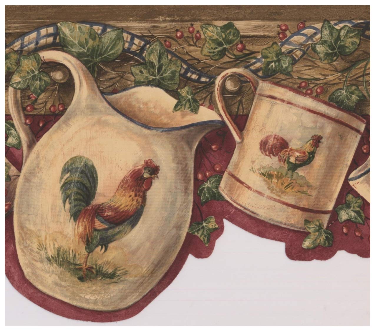 White Cup Kettle with Rooster Hanging on Hooks Red Berries Maroon