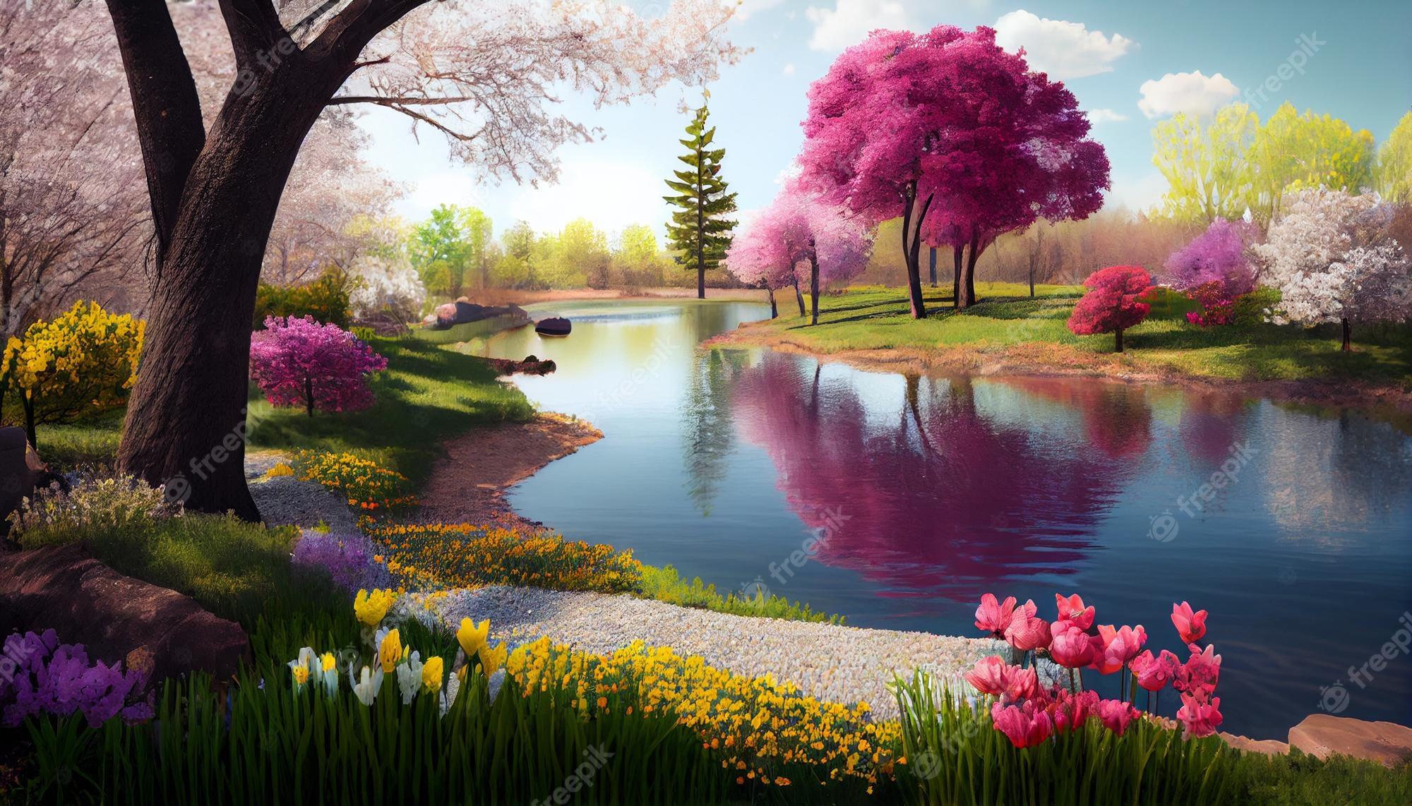 Premium Photo Beautiful Spring River Landscape With Many