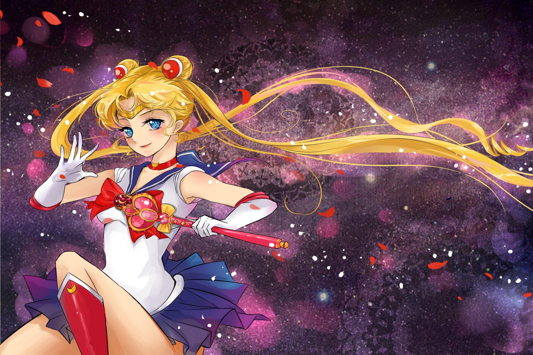 Sailor Moon in a dynamic pose against a starry backdrop, wielding her magical wand