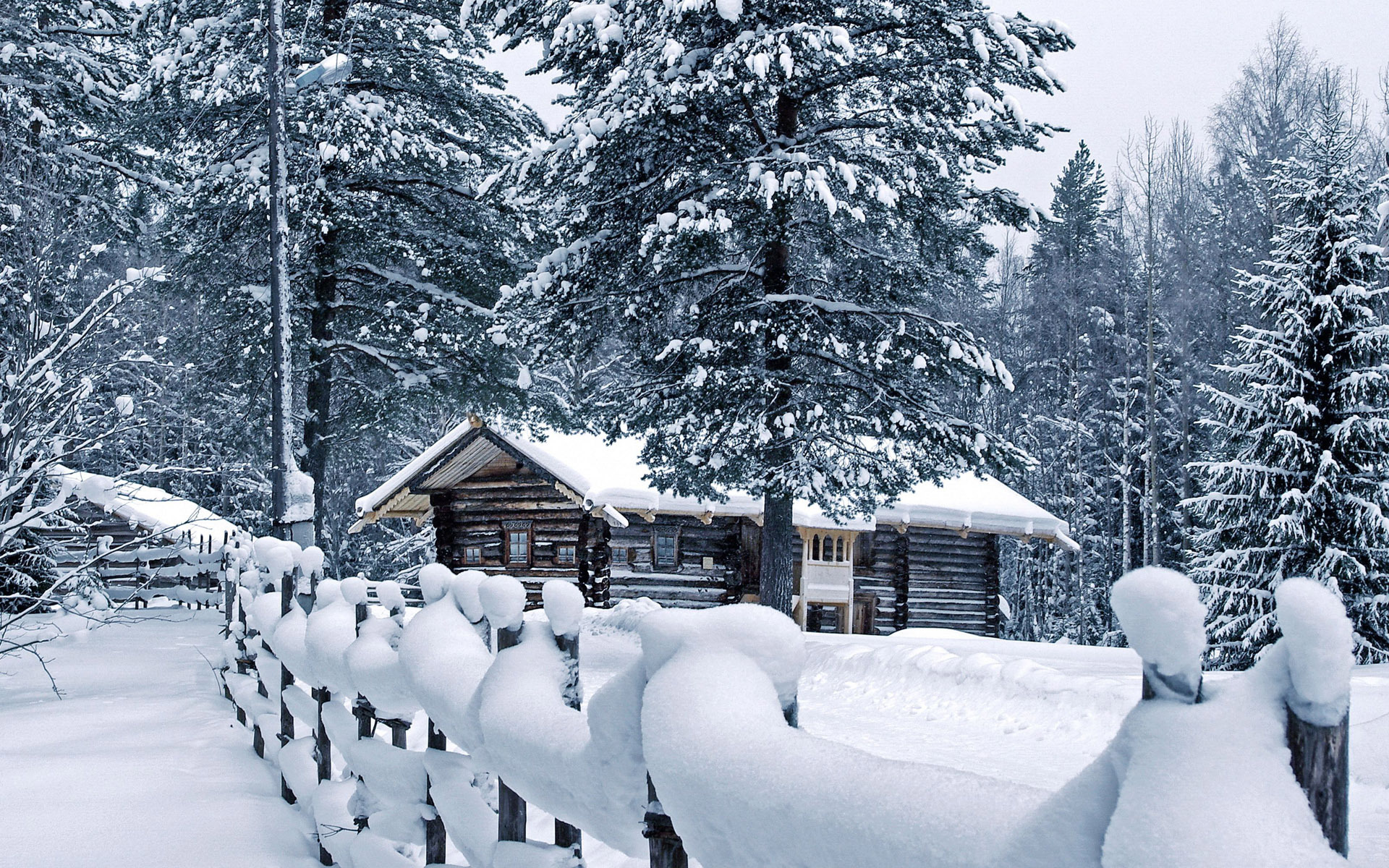 Log Cabin Snow Wallpaper Winter Fence