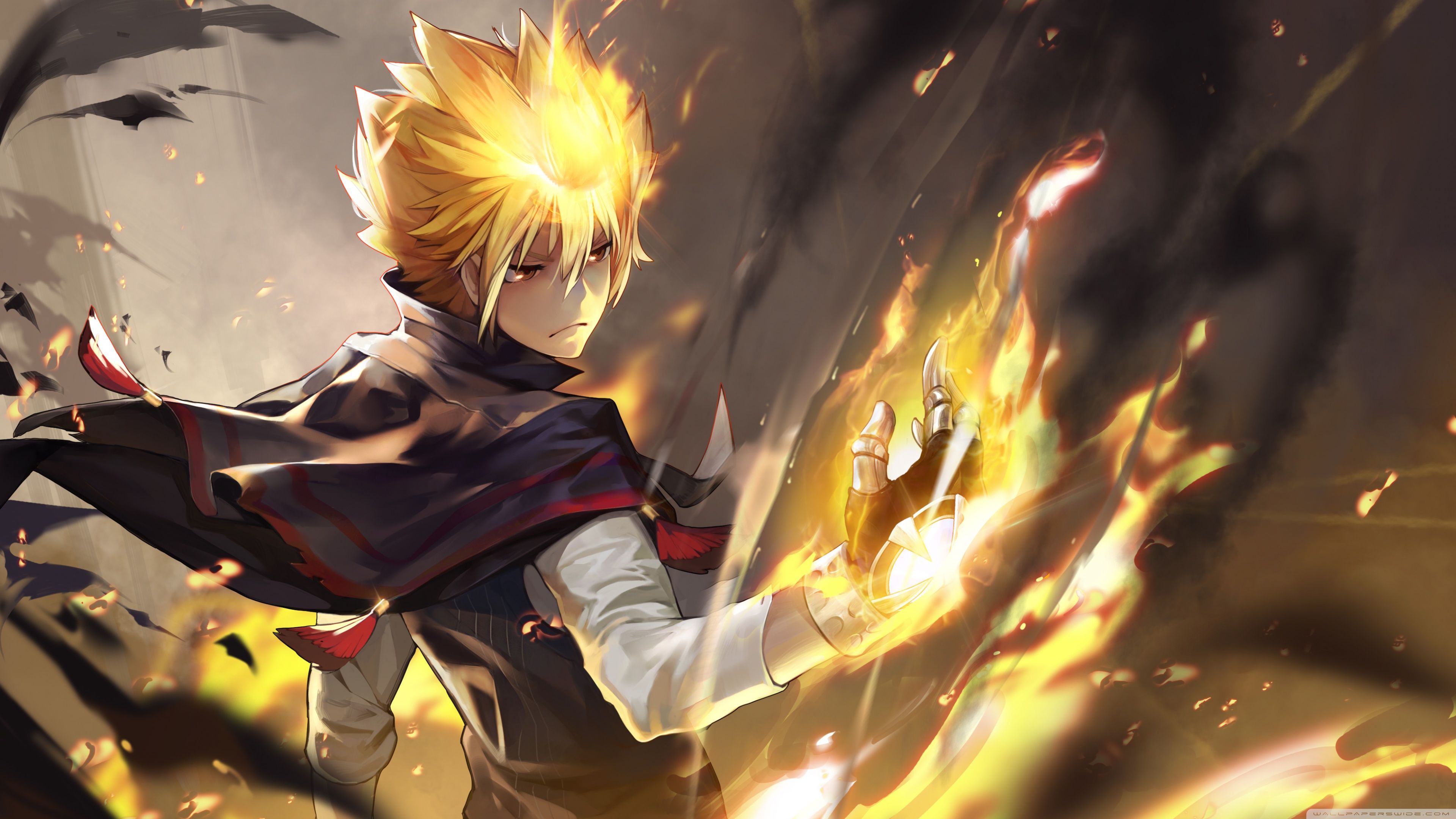 Anime boy with spiky blond hair summoning flames in a dynamic action pose, perfect for anime fans and 4k wallpaper enthusiasts