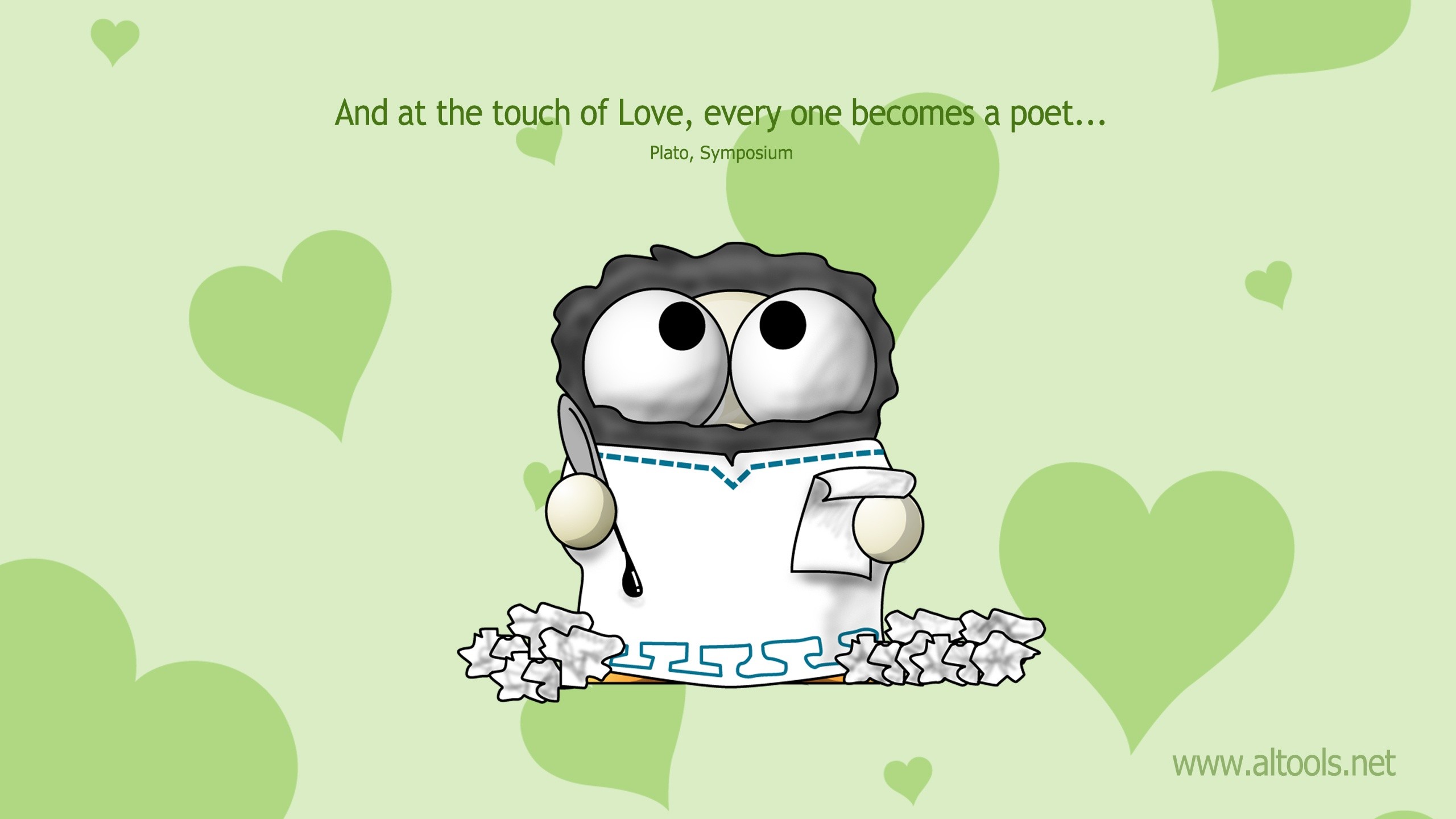 A cute cartoon depiction of Plato writing poetry, surrounded by crumpled paper and hearts, with a quote about love and poetry