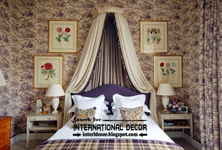  style in the interior English bedroom interiors with purple wallpaper