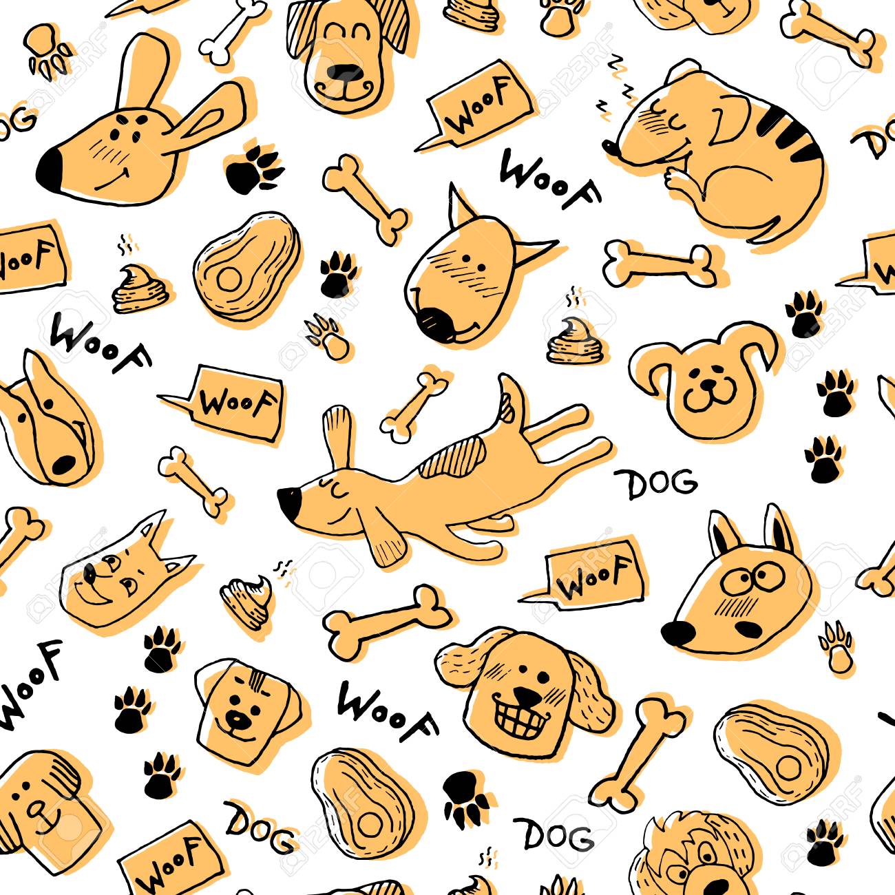 Hand Doodle With Funny Dogs Paw Prints And Bones Vector Seamless