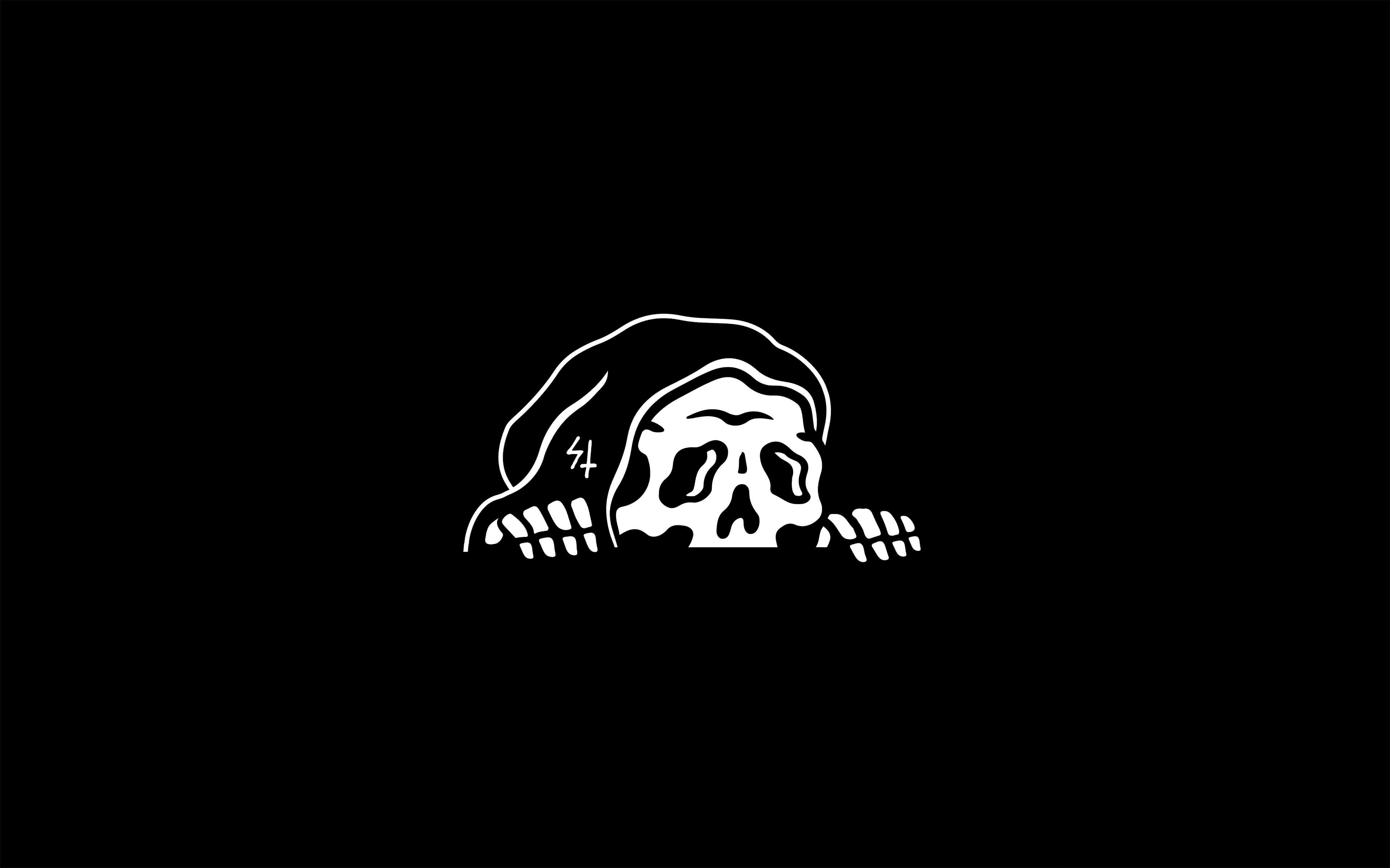 A minimalist black and white illustration of a skull wearing a hooded cloak, peering over a ledge. The simple design evokes themes of mystery, darkness, and the macabre, suitable for a dark or gothic aesthetic