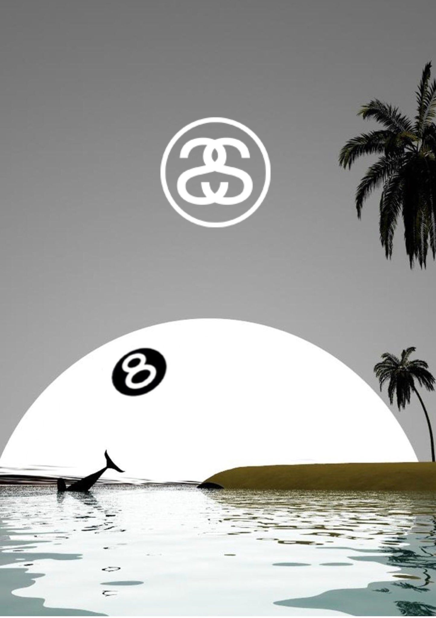 A surreal Stussy wallpaper featuring a whale's tail emerging from the water, an 8-ball against a large white circle resembling a moon, palm trees, and the Stussy logo
