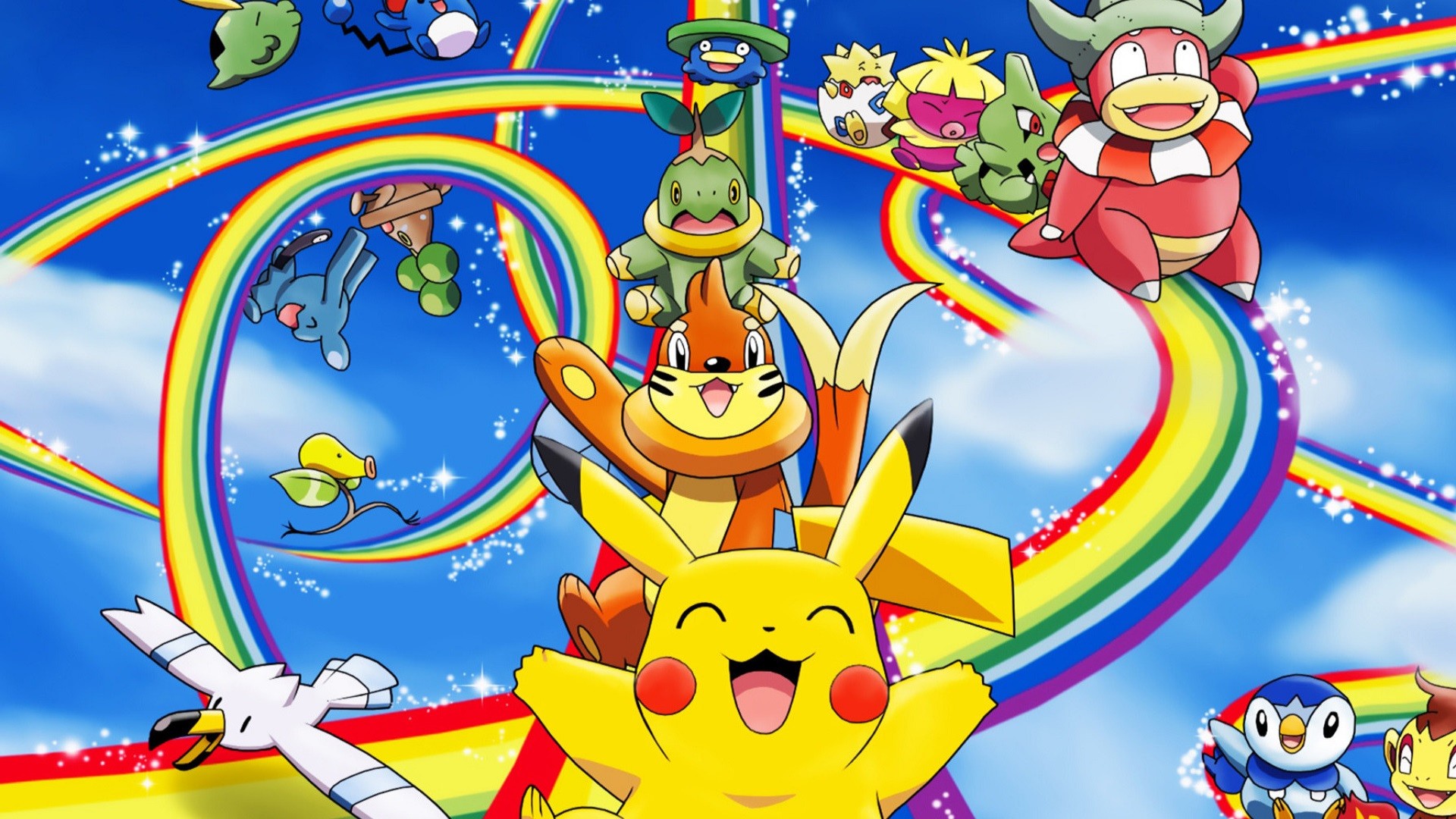A vibrant illustration of various Pokémon characters enjoying a rainbow slide in the sky