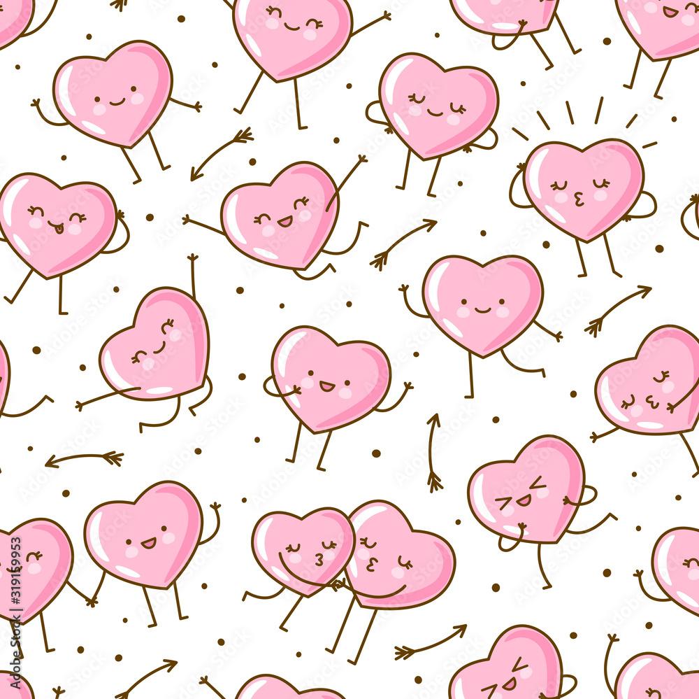 Seamless Pattern With Kawaii Pink Hearts Isolated On White