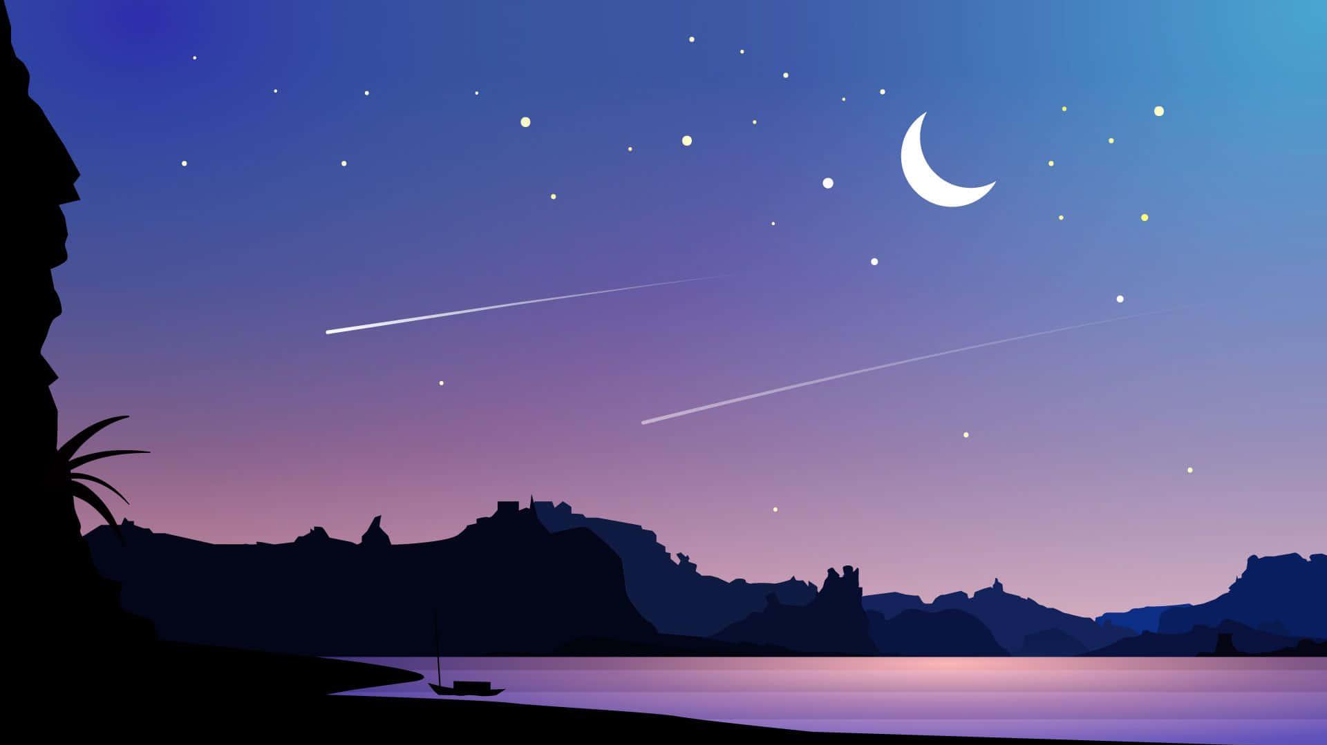 Download A Silhouette Of A Mountain And A Moon With Stars