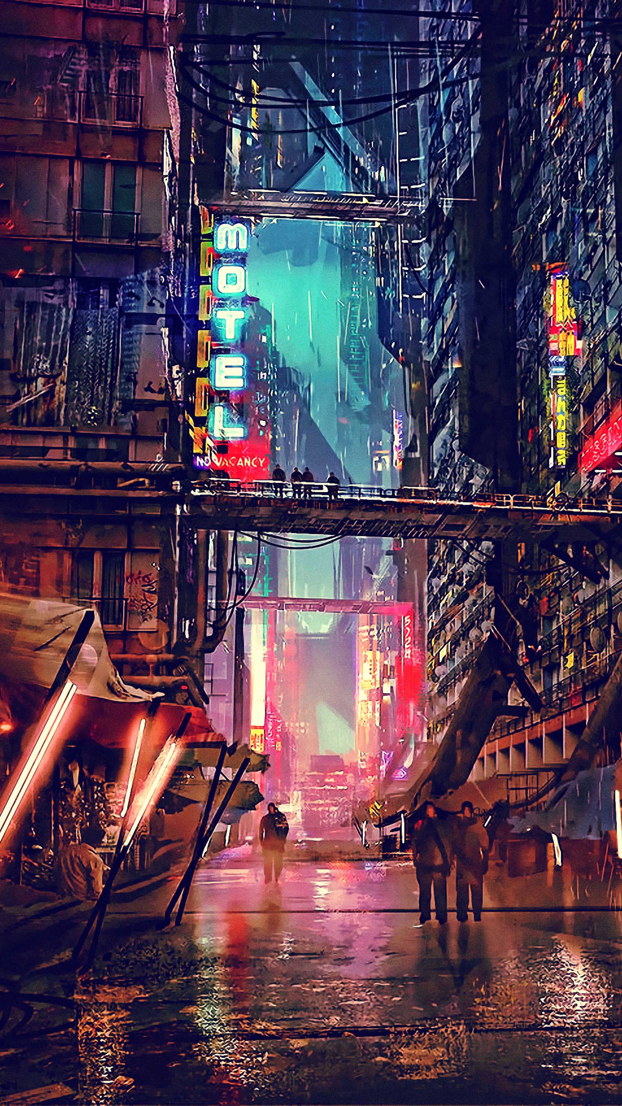 A vibrant cyberpunk city street at night, glistening with rain. Neon signs illuminate the scene, casting colorful reflections on the wet pavement. Figures navigate the bustling street, adding a sense of life to the futuristic cityscape