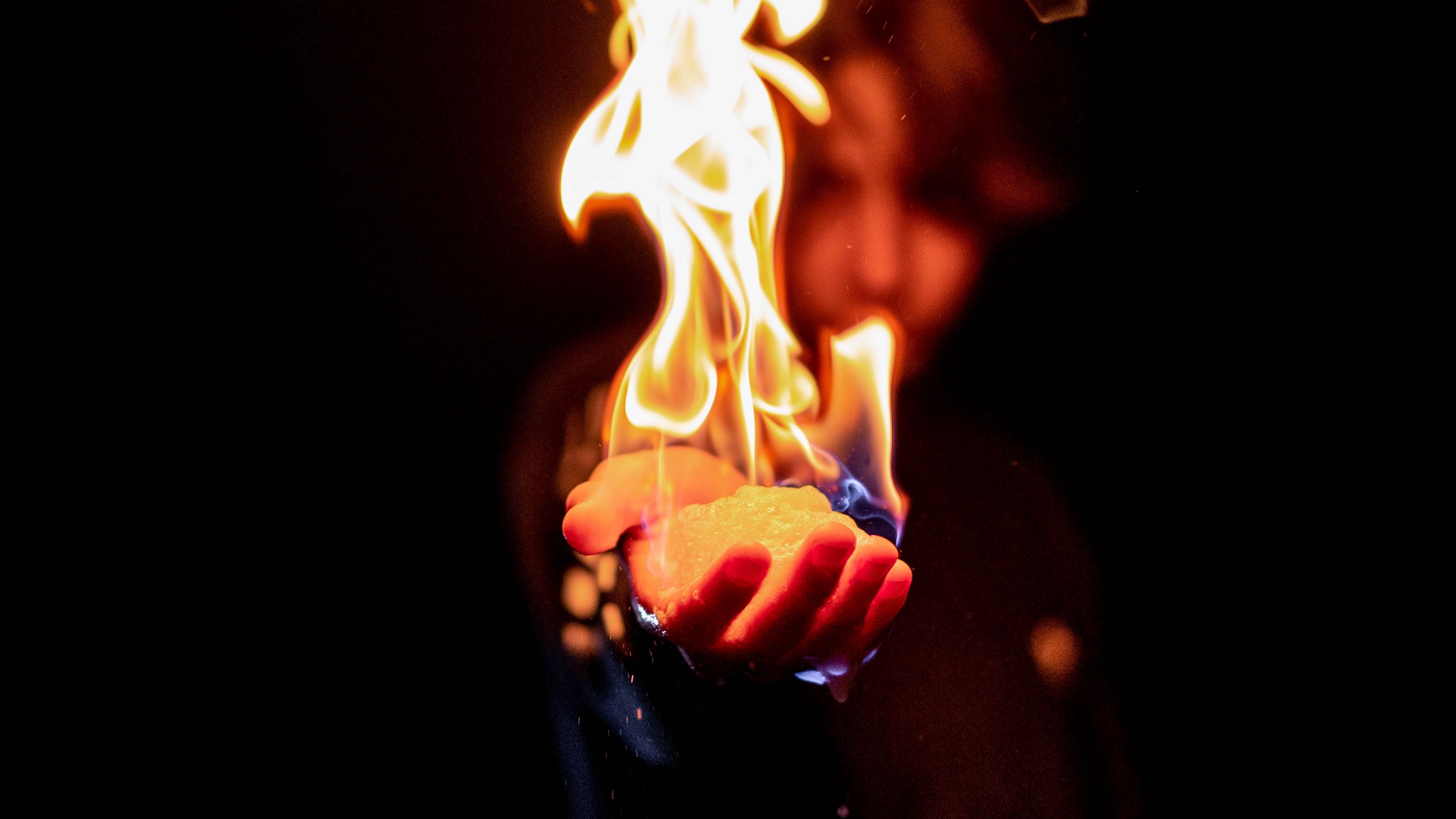 Wallpaper Flame Fire Hand Man Dark 4k UHD