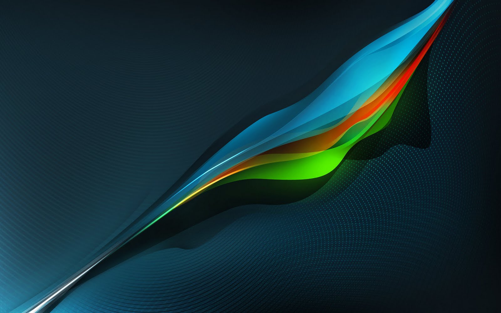 Abstract waves of blue, green, and orange flow across a dark background, creating a vibrant and dynamic design