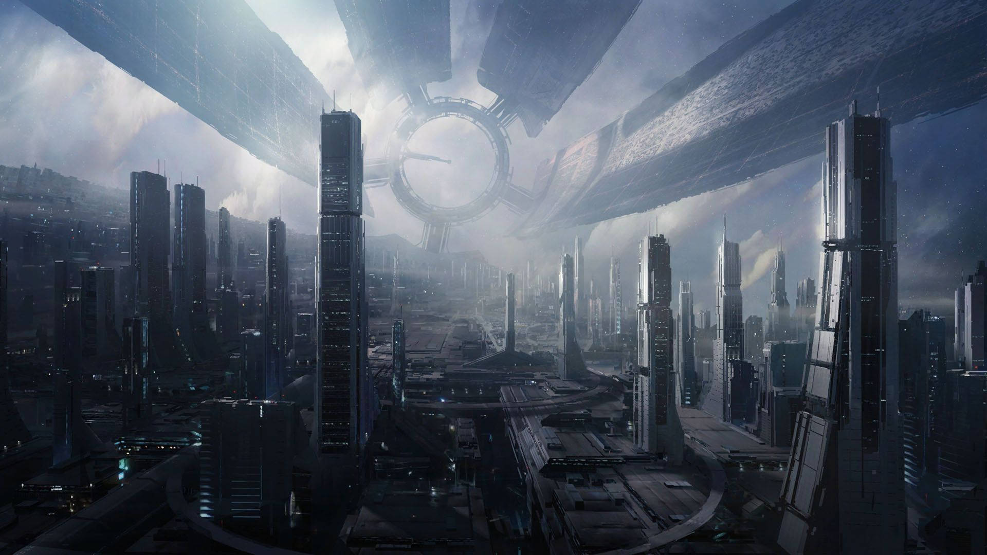 Futuristic Cyberpunk City with Imposing Megastructure
