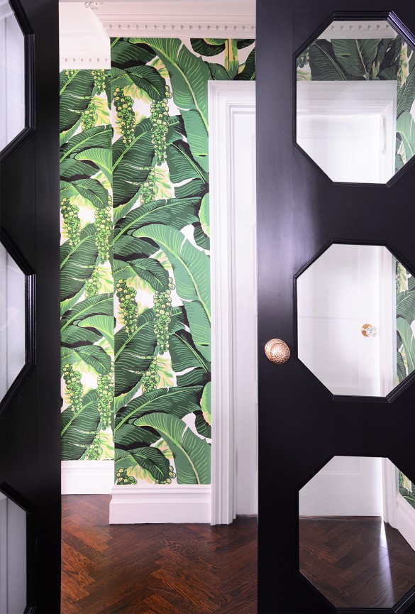 Black Lacquer Doors And Brazilliance Wallpaper Make For A Bold