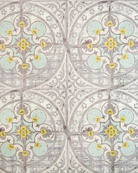 Grey and White tiled effect wallpaper with Pale aqua bright yellow