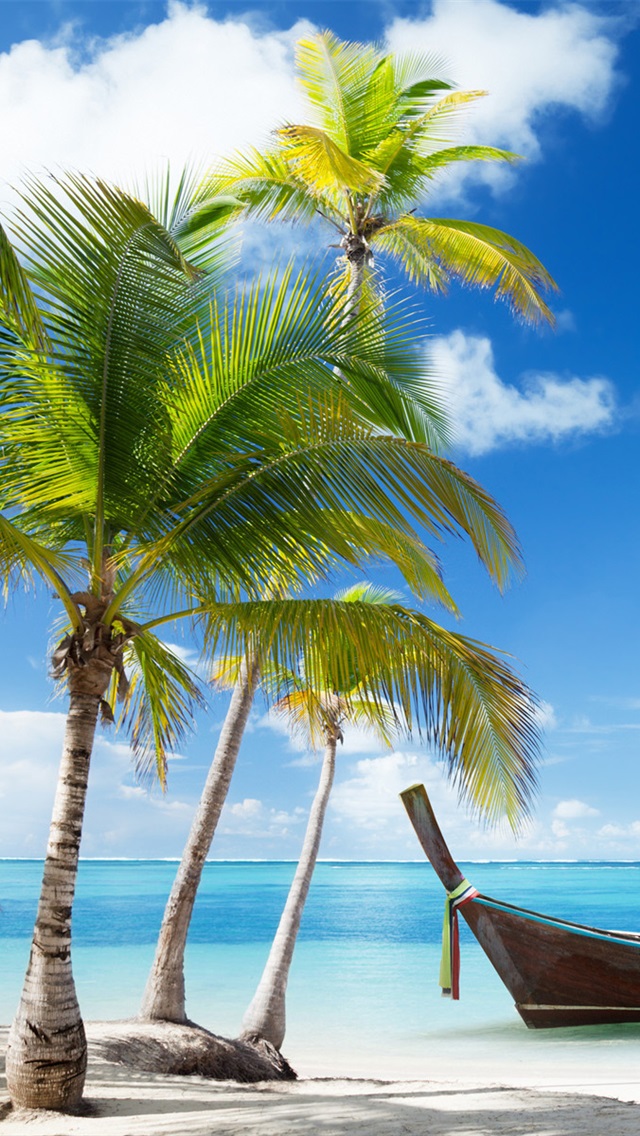 Palm Trees Boat Tropical Sea Beach Clouds iPhone Wallpaper