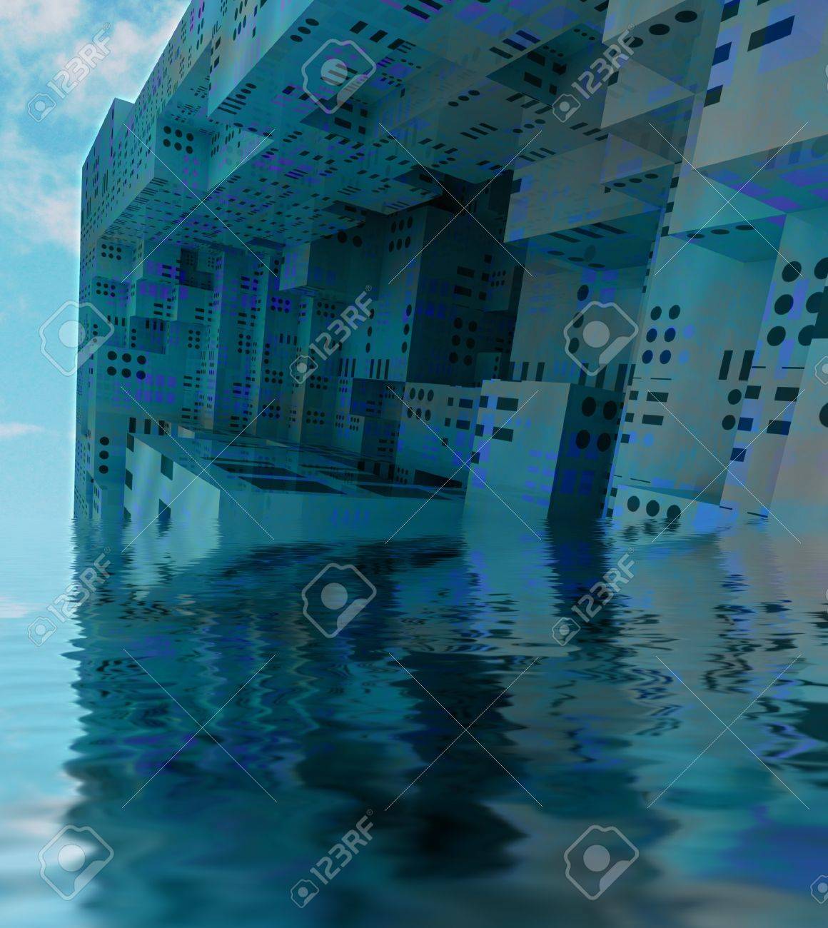 Sunked Modern City Observation Spaceship With Water Reflection