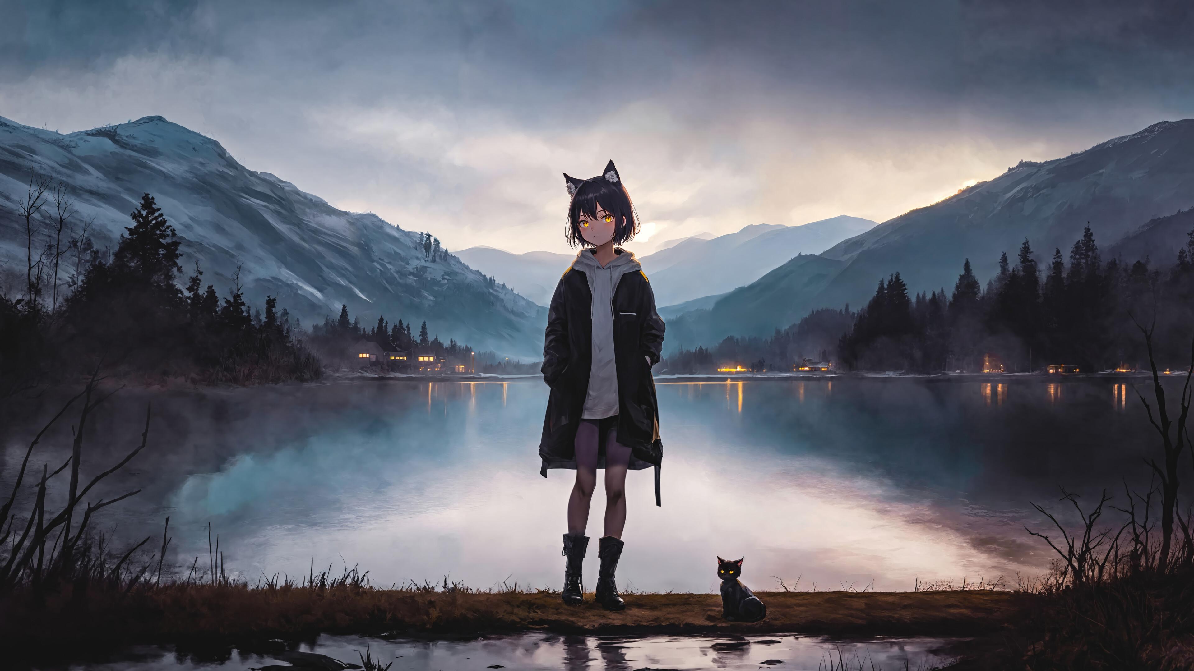 Anime Cat Girl Lake Scenery Art 4K Wallpaper iPhone HD Phone 7141l