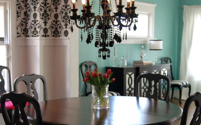Vintage Dining Room With Dramatic Wallpaper And Big Black Chandelier