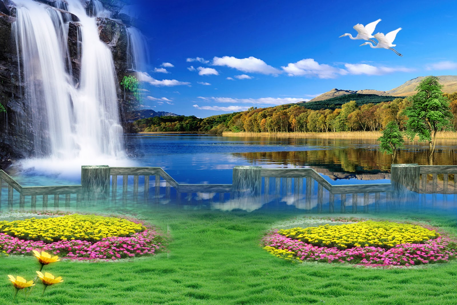 A breathtaking natural landscape featuring a cascading waterfall, a serene lake reflecting the sky and surrounding trees, and vibrant flowerbeds in the foreground. Two white birds soar gracefully overhead
