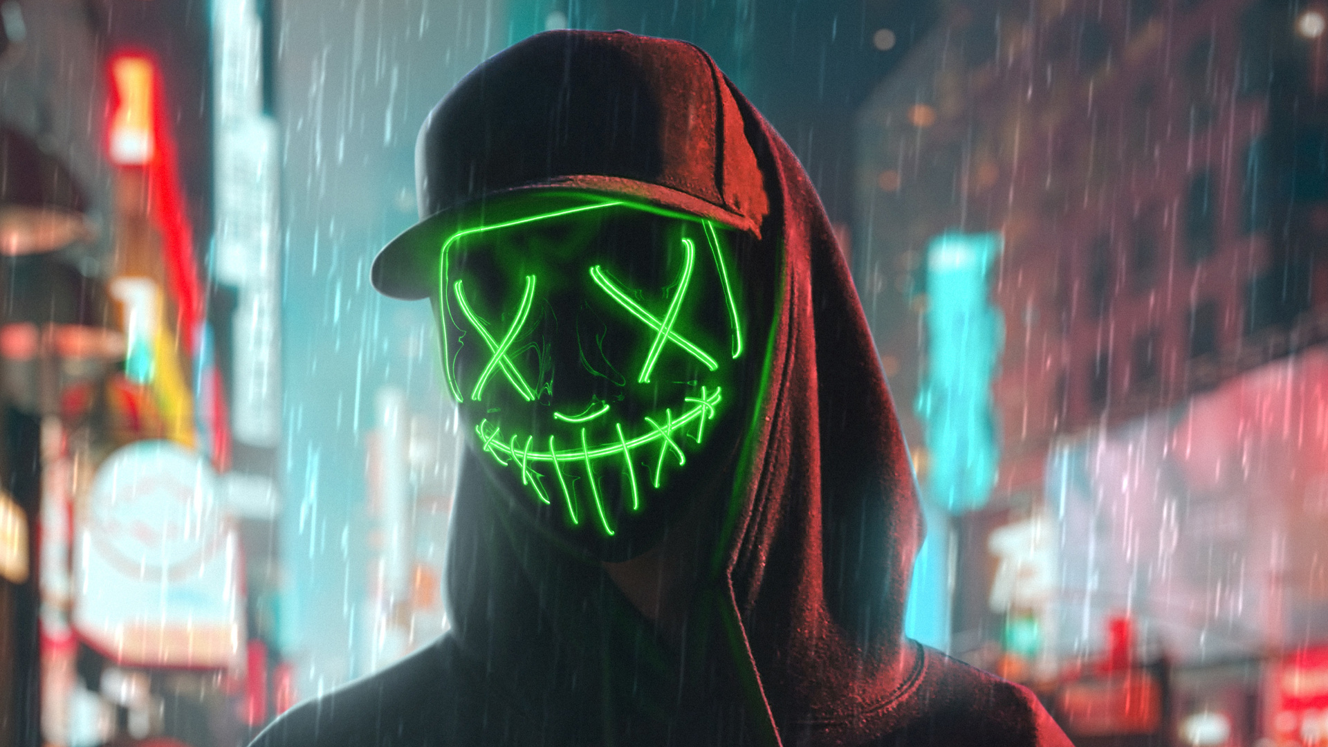 Hoodie Boy Green Glowing Mask 4k Laptop Full HD 1080p Wallpaper Image