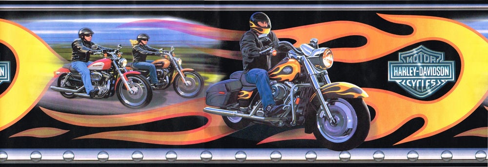 Harley Davidson Motorcycles Bikers Orange Flames Wallpaper Border